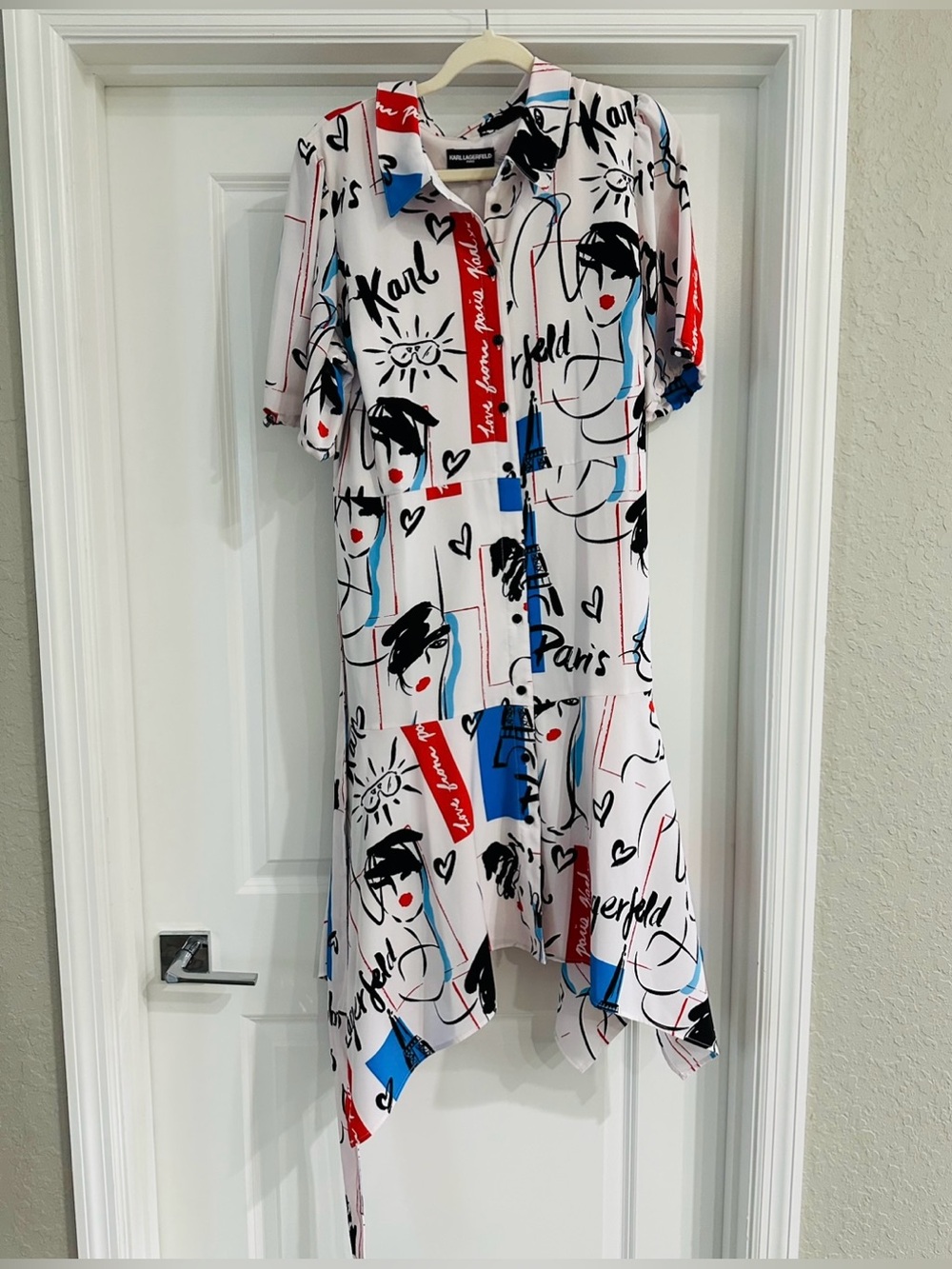 Karl Lagerfeld Paris abstract print shirt dress with handkerchief hem midi dress - Picture 3 of 6